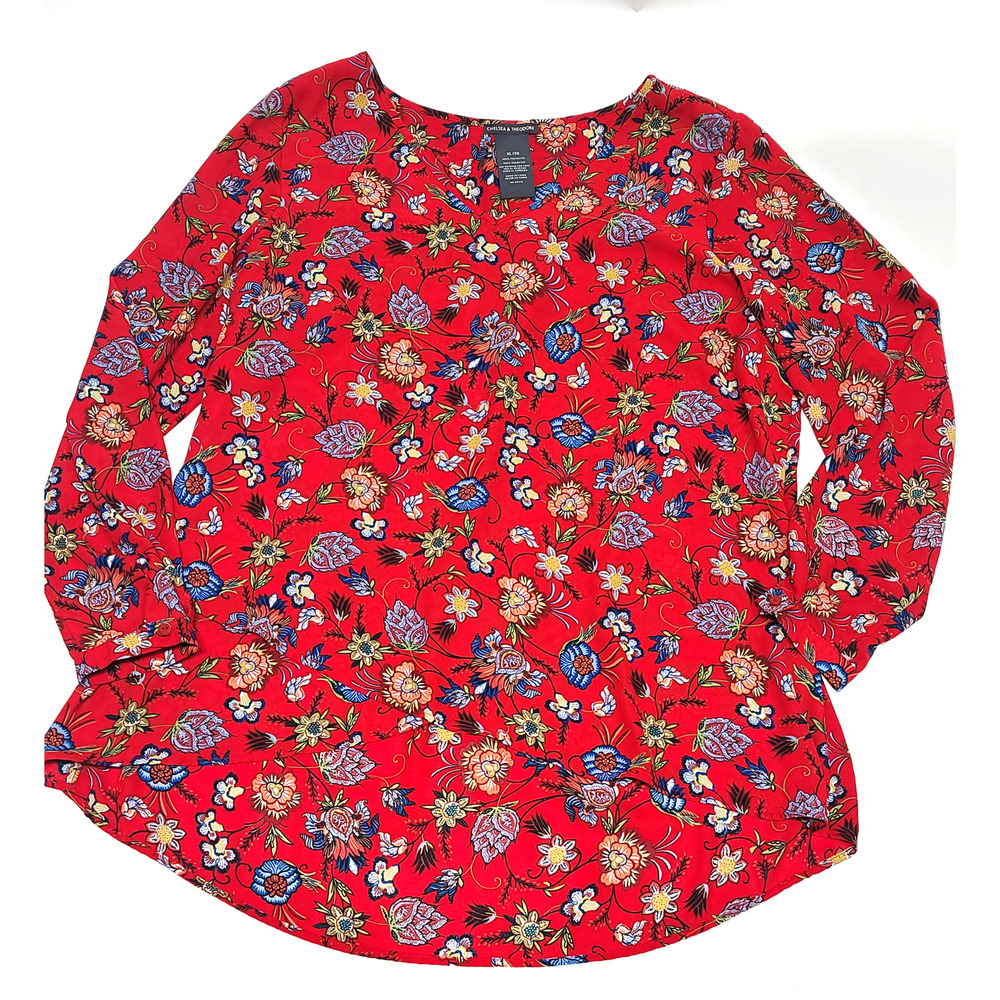 Chelsea & Theodore women's XL red flower long sleeve blouse